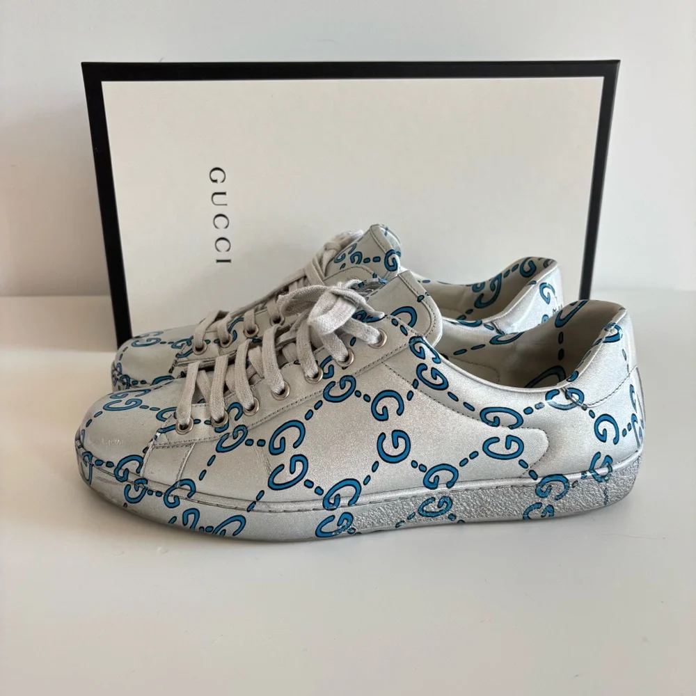 Gucci Waxed Leather GG Ace Sneakers in Blue and Silver